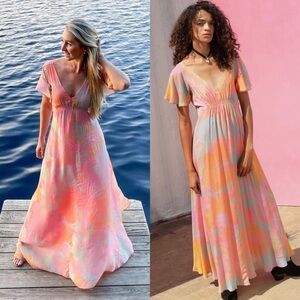 VEDA Bright Floral Short Flutter Sleeve V-Neck Ruched Empire Waist Maxi Dress XS